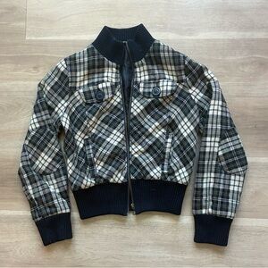 Plaid Zip-Up Bomber Jacket in Black, Cream & Navy